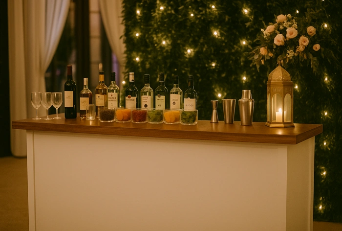Montaje elegante de barra libre para fiesta en CDMX con mixología y decoración personalizada