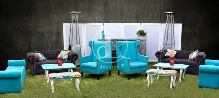 Montaje de sala vintage turquesa para eventos elegantes en CDMX